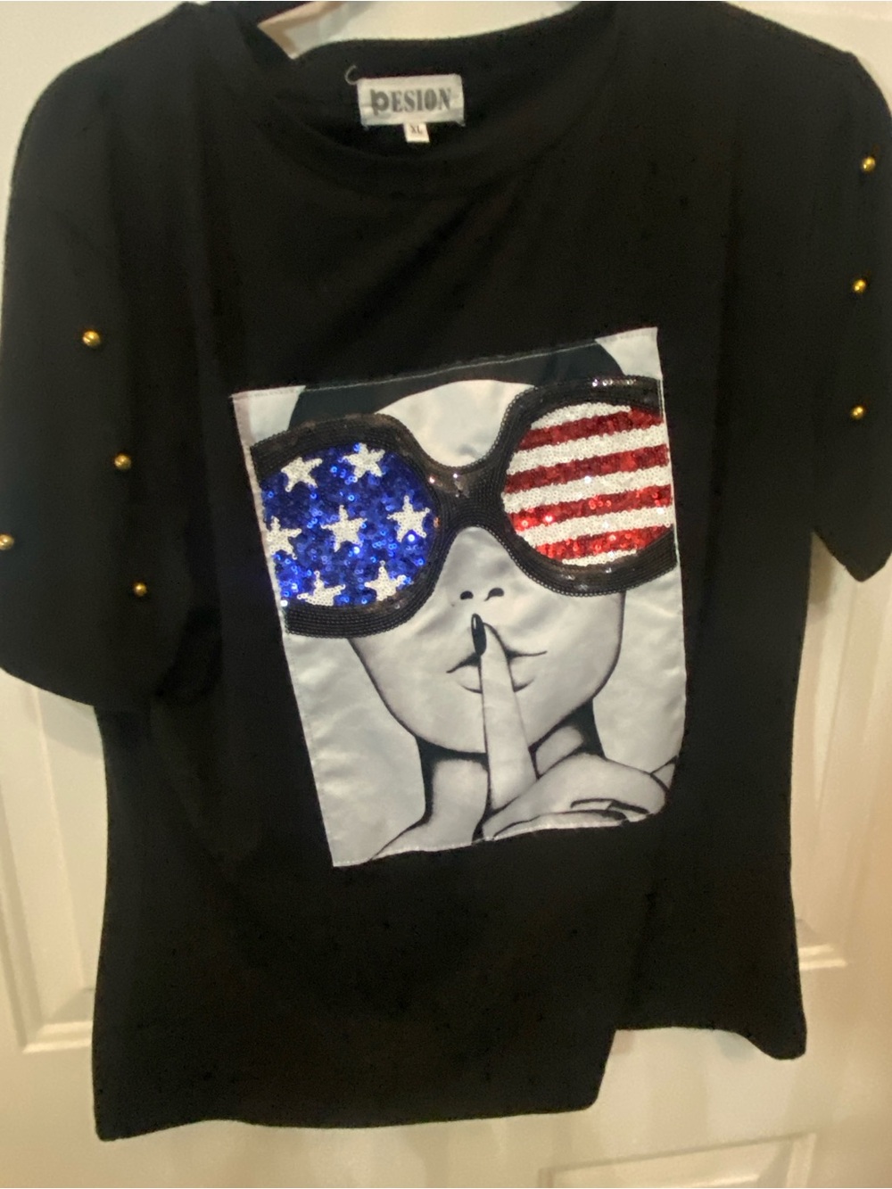 NWOT Made By Design Black Short Sleeve Tee with Sequin Flag Sunglasses
